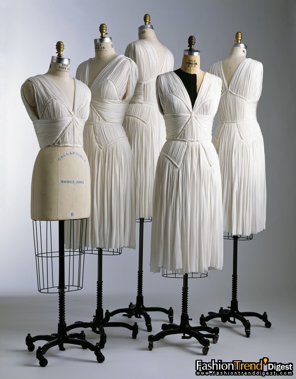 Diamond Draped bodice dresses, finished and unfinished, fall 2005 <br>
White rayon jersey<br>
 