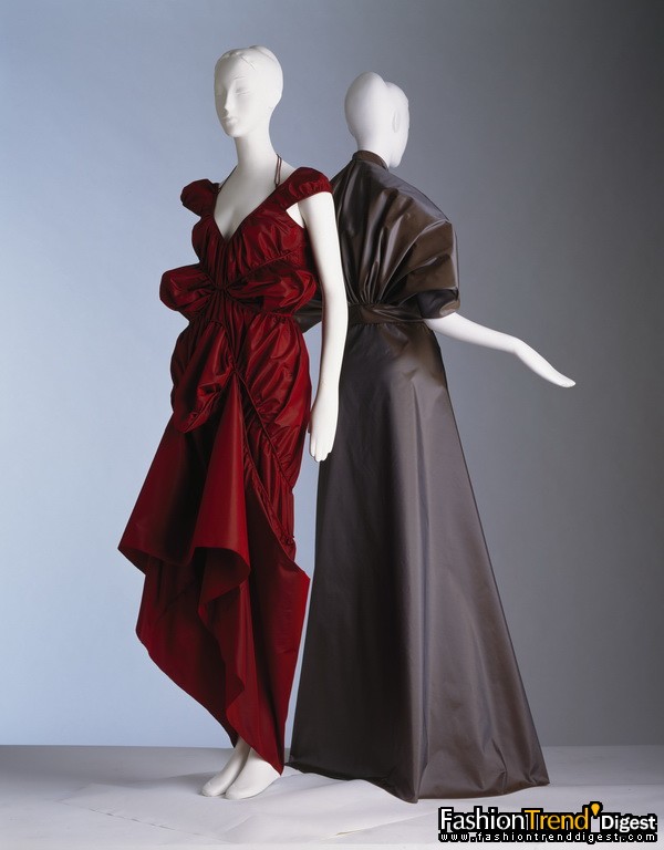 (L) Hermaphrodite dress, circa 2005 Garnet silk taffeta<br>
(R) Cocoon Sleeve gown, spring/summer 1998 Taupe silk taffeta 