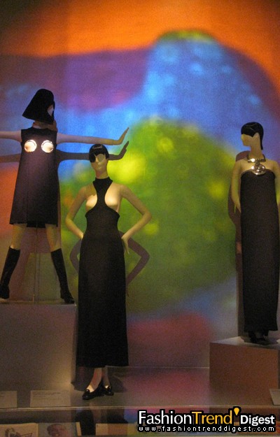 Ensembles by Pierre Cardin, 1967 (left), Rudi Gernreich, 1970 (centre) and Pierre Cardin, 1968 