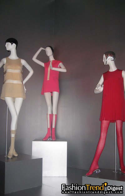 Ensembles by Rudi Gernreich, 1967 (left and centre) and Pierre Cardin, 1966-76 