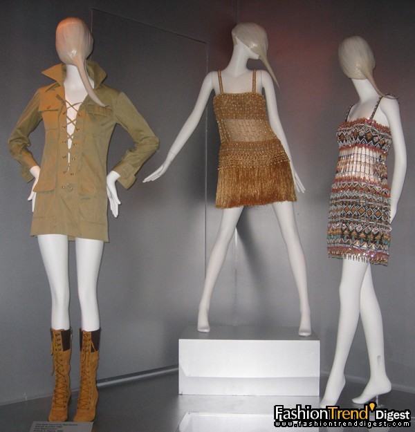 Tunic, 1968 and dresses, 1967 (centre) and 1968, by Yves Saint Laurent 