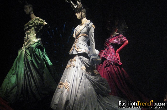 Evening gowns by John Galliano for Dior, haute couture autumn/winter 2007-08. Worn by (from left) Shalom Harlow, Amber Valletta, Linda Evangelista<br>
 