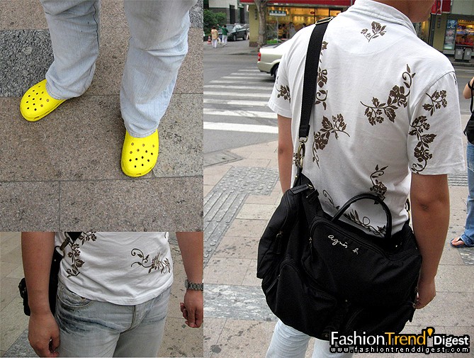 名字：杨先生<br>
职业：销售<br>
年龄：27<br>
上装：En<br>
裤子：Jack Jones<br>
鞋子：Crocs<br>
包：Agnes B<br>
喜欢的品牌：Zara、Tommy Hilfiger<br>
穿衣风格：牛仔<br>
购买场所：商场、有设计的小店，比如长乐路一些店铺<br>
时尚媒体：《时尚》、《瑞丽》、《男人装》<br>
 