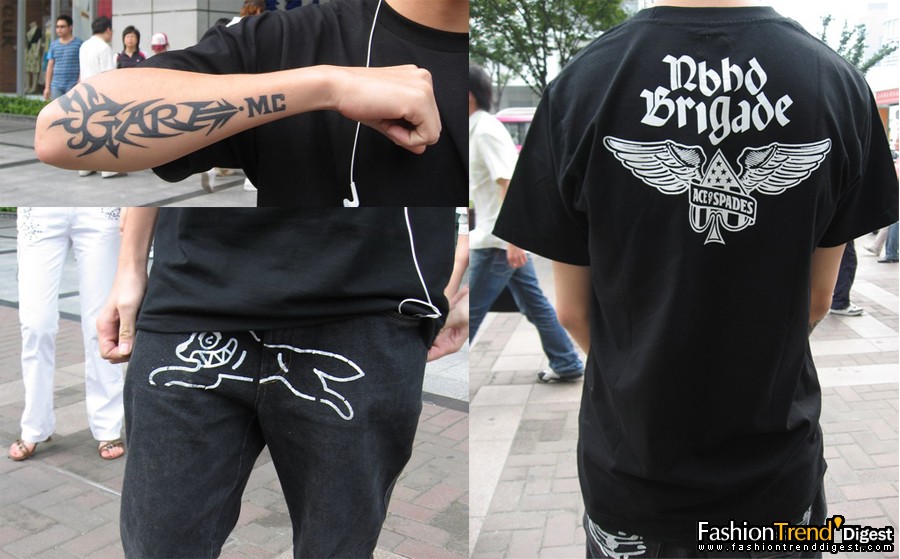 black tee kids with tattoo<br>
<br>
FTD: This is Ryan, 19 years old student. What do you think of your style today?<br>
<br>
answer:I like my Tee brand neighborhood.<br>
I am a MC rapper. And I like street wear. <br>
<br>
FTD: What is your opinion of street trend?<br>
<br>
answer:I think more and more people like street wear. And they like brands such as BBC and neighborhood.<br>
 